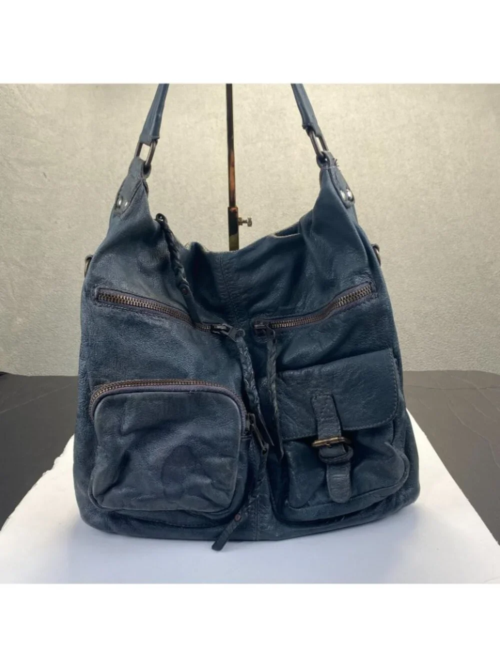 TANO Women's Bucket Hobo Bag Gray Leather Shoulder Front Pockets Boho Hippie